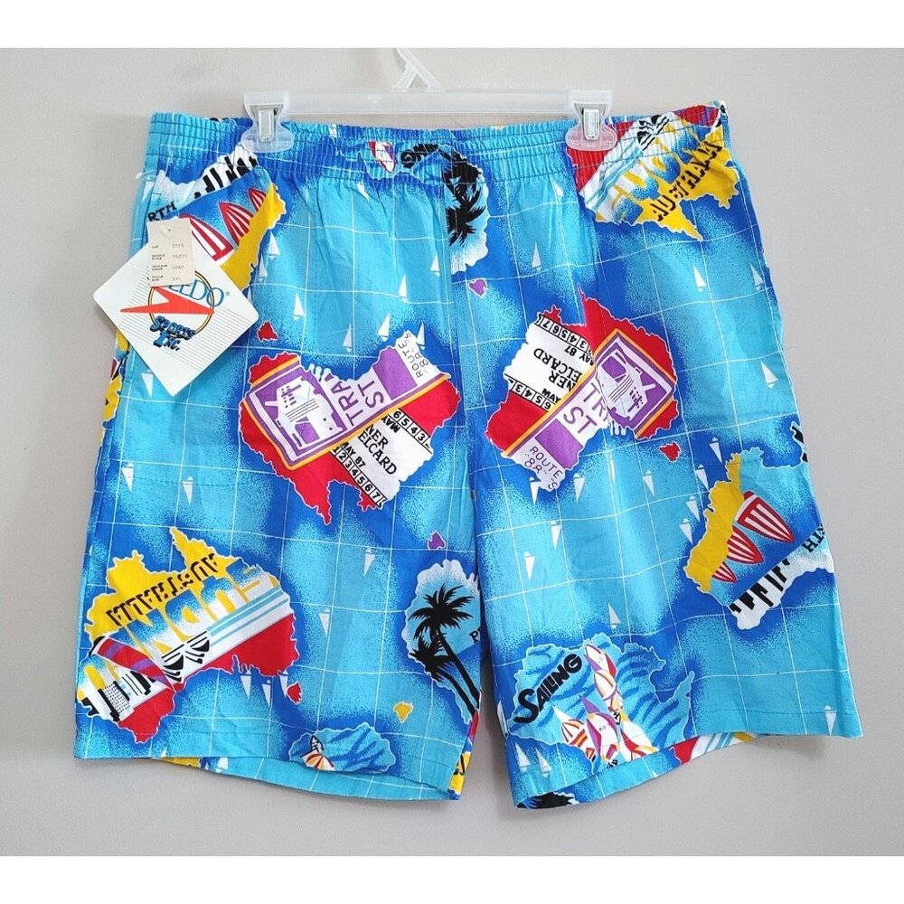 Vintage Speedo Blue Swim Shorts Trunks Swimsuit Mens All Over Print Size XXL NEW